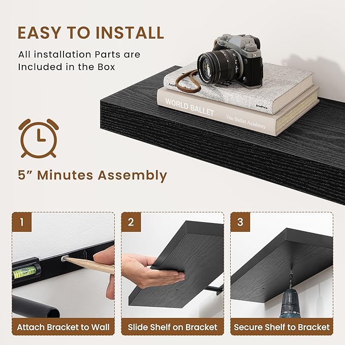 fuqing Floating Shelves for Wall, Bathroom Shelf Wall Mounted for Storage, Shelves with Invisible Bracket for Bedroom, Kitchen, Living Room, Farmhouse Small Book Shelf, 6.5 Inch Set of 3, Black