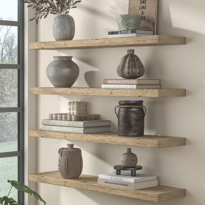 Fun Memories Floating Shelves for Wall Decor, 72"x8" Rustic Reclaimed Wood Shelves, Heavy-Duty Wall Mounted Shelves with Invisible Brackets for Living Room, Bedroom, Kitchen, Natural Finish