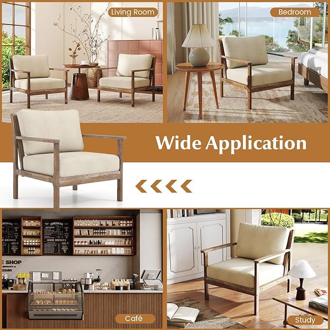 Giantex Mid Century Modern Accent Chair, Wooden Arm Chair w/Solid Wood Frame, Removable Seat Cushion & Pillow, Vintage Comfy Reading Chair for Living Room, Bedroom, Study