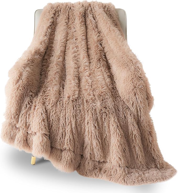 GONAAP Fuzzy Faux Fur Throw Blanket Twin Size Taupe Super Soft Cozy Plush Fuzzy Shaggy Blanket for Couch Sofa Bed (Taupe, Twin(60"x80"))