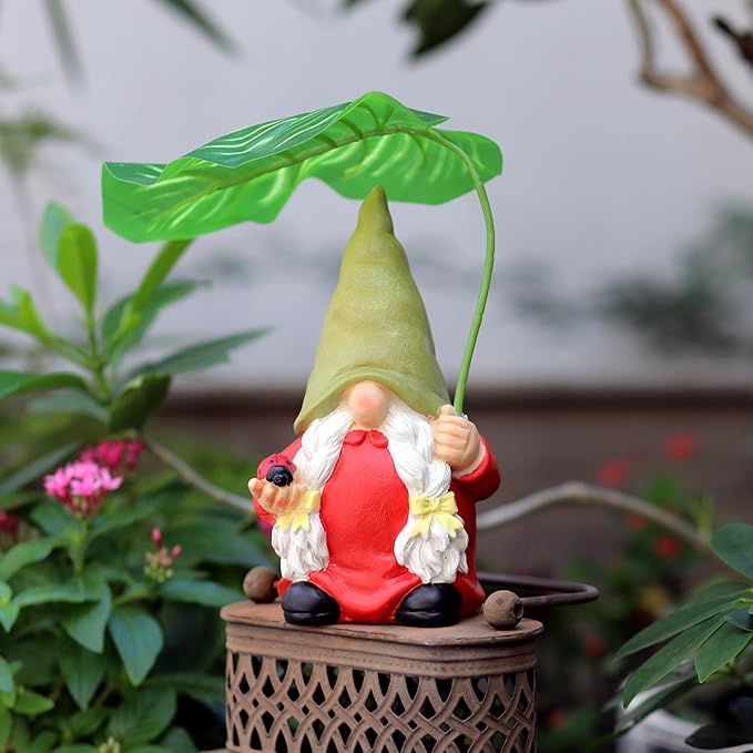 Garden Female Gnome Statue Decoration with Leaf Umbrella, 7.5” Figurine Ornament for Indoor Outdoor Home Patio Yard Lawn, for Gnome Lovers & Garden Enthusiasts，Mom，Women