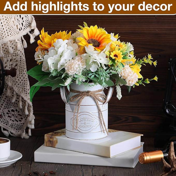 6 Inch Farmhouse Vase Decor Milk Can Vintage Flower Jug Galvanized Metal Vase with Handle Rustic Flower Buckets for Thanksgiving Christmas Table Centerpiece Weddings Gifts(Retro White,4 Pcs)