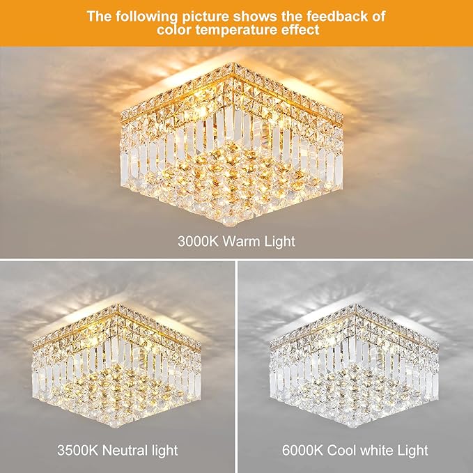 4-Light Gold Crystal Chandeliers Flush Mount Chandelier Light Fixture with K9 Crystals Modern Ceiling Lights Elegant Square Lamp for Bedroom,Hallway,Bar,Living Room,Dining Room,H5.9 xW13.7