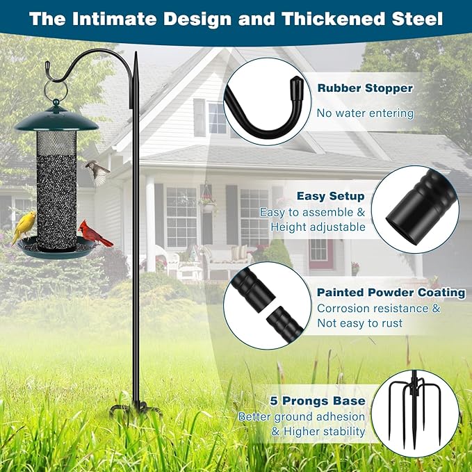 Gtongoko 63 Inch Shepherds Hooks for Outdoor with 5 Prongs Base, Adjustable Bird Feeder Pole Garden Hooks for Hanging Lanterns, Plants Baskets, Hummingbird Feeders, 2 Pack