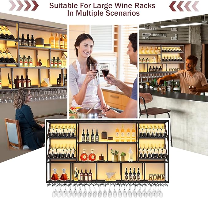 70.8Inch Wall Mounted Wine Rack, 3 Tiers Large Bar Shelves with 18 Glass Holder, Metal Wine Bottle Display Shelf, Modern Iron Liquor Shelf, for Kitchen Dining, Home Bar, Cellar (70.8" W)