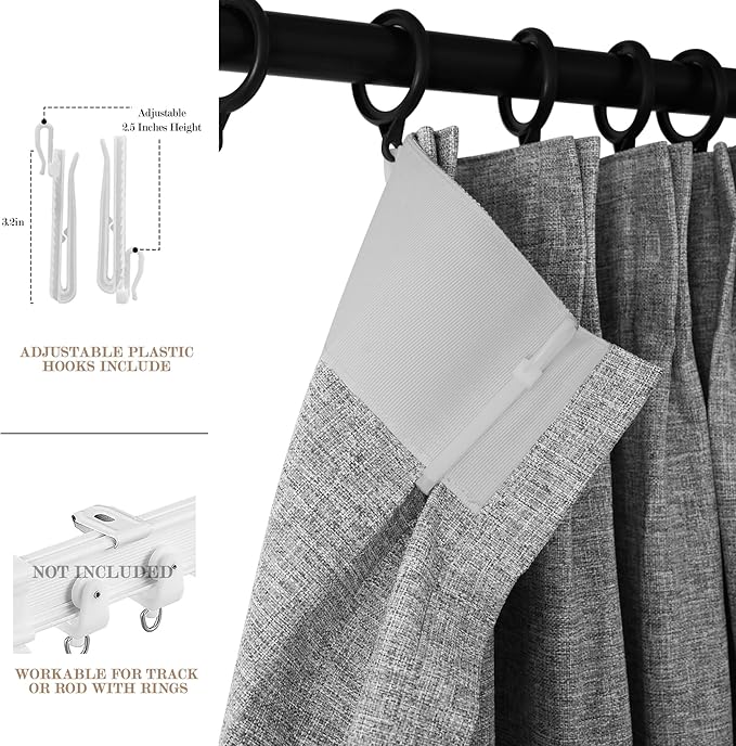 100% Blackout Linen Textured Drapes for Bedroom Pinch Pleated Curtains for Track System Portable Drapery for Sliding Glass Door/Storage/Space Room Divider, 70" Wx96 L, 1 PC, Light Grey