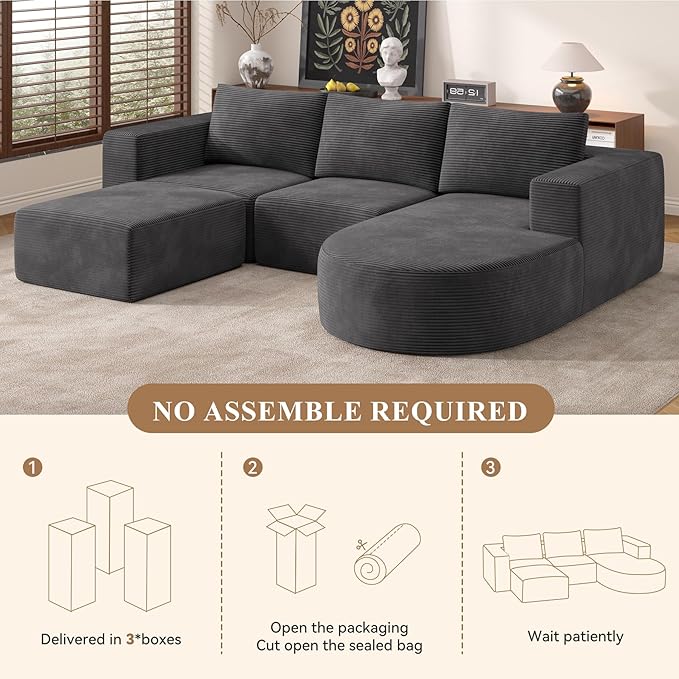 Modular Sectional Sofa with L-Shape Chaise,Cloud Sectional Modern Sleeper Couch with Deep Seat,Sponge Compression Sofas No Assembly Required (Dark Gray-Corduroy Fabric) 1pcs