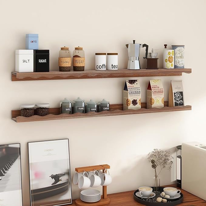 Fun Memories Picture Ledge Shelf for Wall, 48 inch Pine Wood Nursery Book Shelves Set of 2- Wall Book Shelves for Kids Room, Home Decor - Kitchen Spice-Carbonized