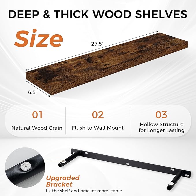 Fun Memories Floating Shelves for Wall, 27.5" Rustic Wood Deep Wall Mounted Shelves with Invisible Brackets for Decor & Storage, Floating Shelf for Living Room, Bathroom (Rustic Brown, Set of 2)