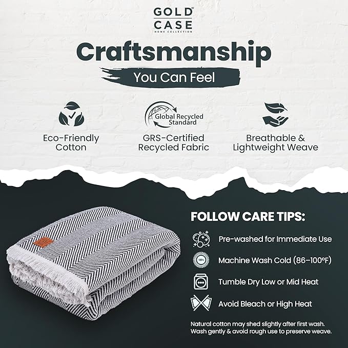 Gold Case Throw Blanket for Bed – 100% Recycled Turkish Cotton Bed Blanket – Decorative Throw Cotton Blankets for Living Room & Bedroom – Woven Twin Blankets - 71x90 - Black