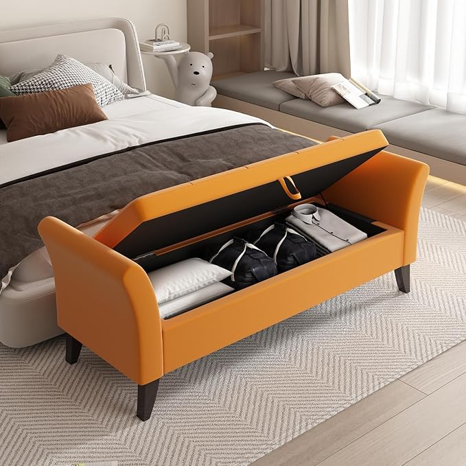 Furniliving 51 Inch Storage Bench for Living Room, Upholstered Bench Ottoman with Velvet Fabric, Modern Entryway Bench with Woodern Legs for Bedroom, Living Room, Shoe Storage & Seating, Orange