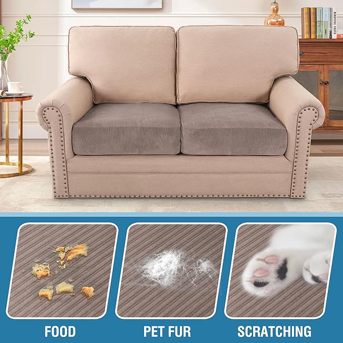 H.VERSAILTEX Velvet Stretch Couch Cushion Cover Plush Cushion Slipcover for Chair Loveseat Sofa Cushion Furniture Protector Seat Cushion Sofa Cover (2 Piece Medium Sofa Cushion Covers, Taupe Striped)
