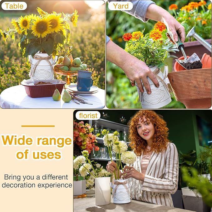 6 Inch Farmhouse Vase Decor Milk Can Vintage Flower Jug Galvanized Metal Vase with Handle Rustic Flower Buckets for Thanksgiving Christmas Table Centerpiece Weddings Gifts(Retro White,16 Pcs)