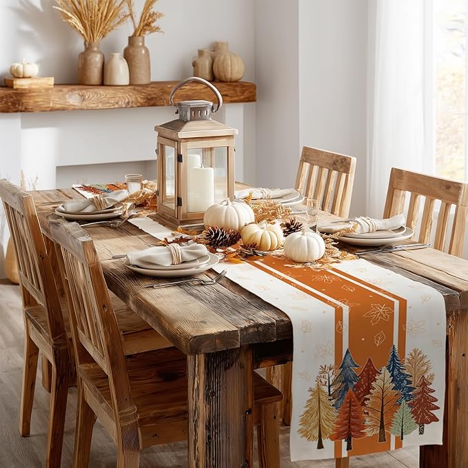 GEEORY Fall Watercolor Trees & Maple Leaves Striped Table Runner 13x72 Inch, Rustic Farmhouse Autumn Thanksgiving Decor for Kitchen, Dining, Indoor/Outdoor Holiday Dinner Party Orange GT157-72