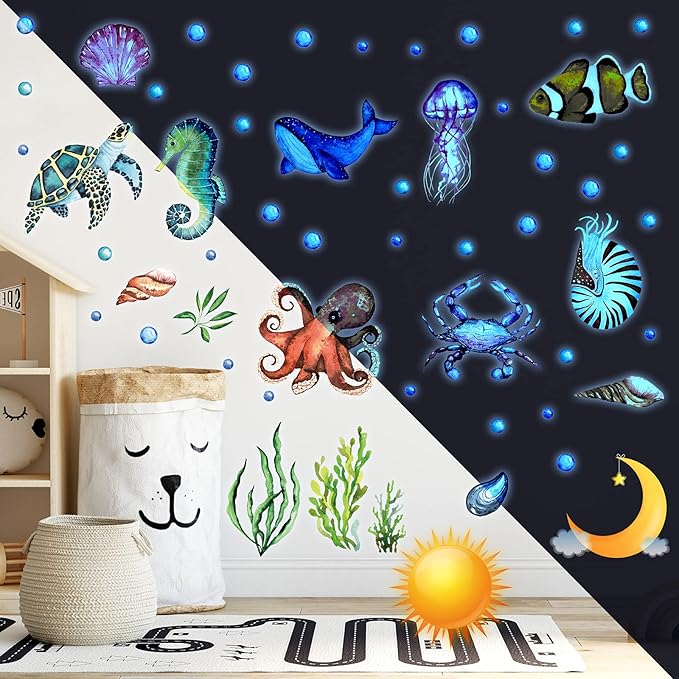 52 Pcs Ocean Fish Wall Decals Glow in The Dark Under The Sea Wall Decals Sea Animals Stickers Removable Waterproof Peel and Stick for Kids Bathroom Watercolor Ocean Decor(Funny Style)