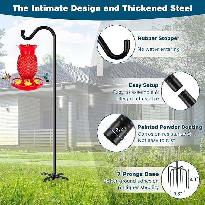 Gtongoko Tall Shepherds Hook for Outdoor, 108 Inch Bird Feeder Pole with 7 Prongs Base, 3/4 Inch Thick Heavy Duty Adjustable Garden Hook for Hanging Plant, Lantern, Hummingbird Feeder, 1 Pack