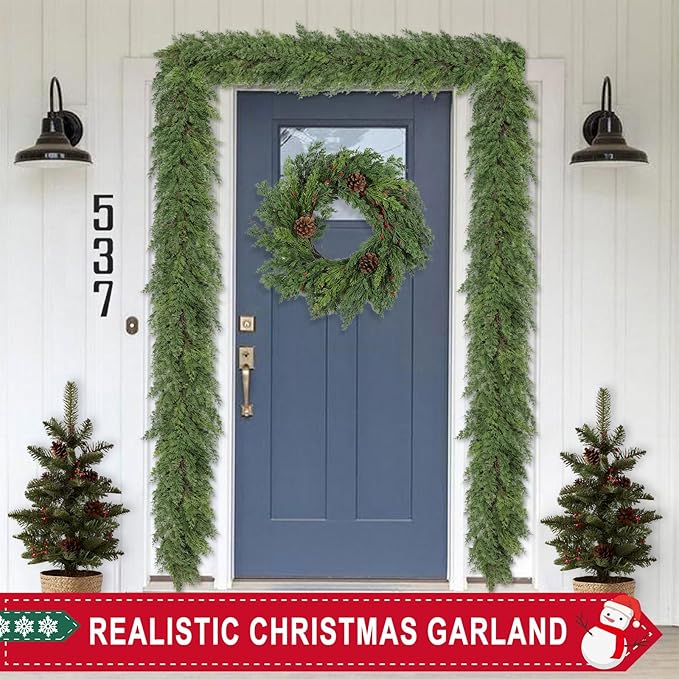 6 Ft Real Touch Christmas Garland,Thick and Lush，Soft Bendable, Lifelike Cedar Garland Realistic, Garlands for Decoration Christmas，Christmas Garland for Mantle,Outdoor Indoor Christmas Decorations