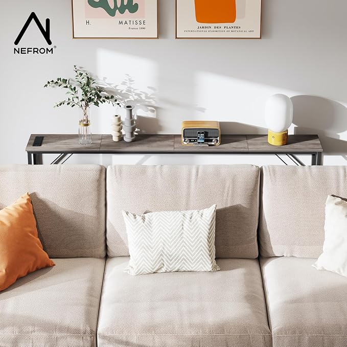 63'' Console Table, Skinny Entryway Table with Fast-Charging Station, Narrow Long Sofa Table, Behind Slim Couch Table for Entrance, Hallway, Living Room Decor ST-GY160-1