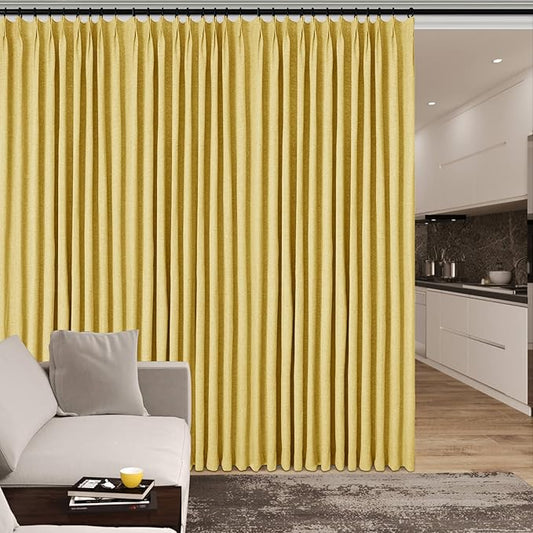 70" W x 108" L Faux Linen Room Divider Curtains, Full Blackout Pinch Pleated Drapes for Traverse Rod, Bedroom Divider Privacy Drapery with Hooks for Ceiling Track, 1 Panel, Yellow