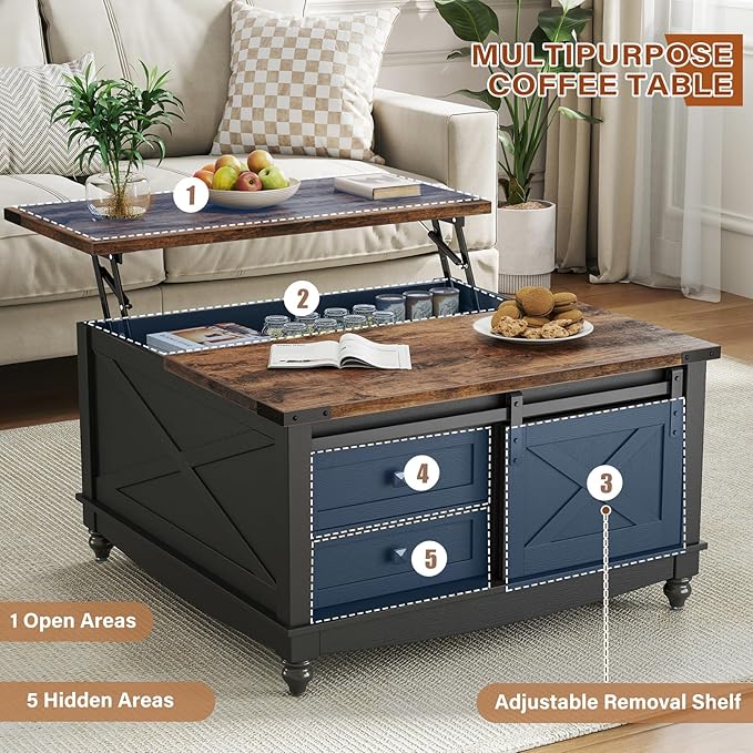 31.5" Lift Top Coffee Table with Storage, Farmhouse Coffee Tables for Living Room, Square Coffee Table with Large Hidden Storage Compartment, 2 Drawers & Removable Shelves, Black