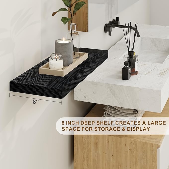 Fun Memories Black Floating Shelves 36 Inch Long, 8 Inch Deep Floating Shelf for Wall, 36" W x 8" D Wall Shelves Set of 2, Black Deep Floating Shelves for Bedroom, Living Room, Kitchen