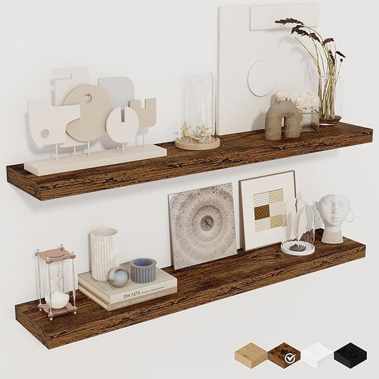 36Inch Floating Shelves for Wall 2 Pack Wood Shelves for Kitchen, Bathroom, Bedroom Wall Mounted Rustic Wood Floating Shelf with Invisible Brackets for Books, Storage, Decor, Rustic Brown