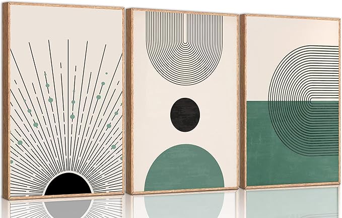 3 Pcs Sage Green Boho Canvas Wall Art Modern Abstract Minimalist Neutral Bohemian Sun Geometric Line Painting Picture Wall Decor Poster Print Artwork for Living Room Bedroom Home Decoration Unframed