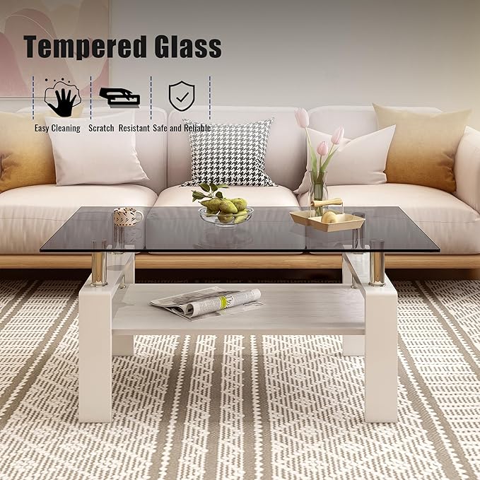 Glass Coffee Table Rectangle Living Room Center Table, with Gray Tempered Glass Tabletop and White MDF Layer,for Living Room and Office, Gray+White