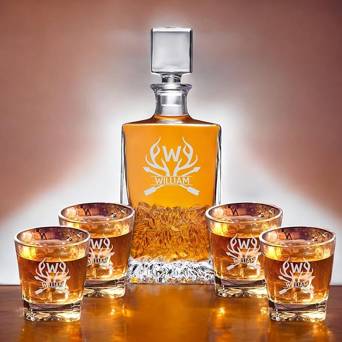 Personalized Rectangle Whiskey Decanter Set for Men 700ml Luxury Gift for Dad, Him, Boyfriend - Liquor Decanters with 2 or 4 Glasses for Birthday, Retirement, Weddings - 24 Engraved Design Options