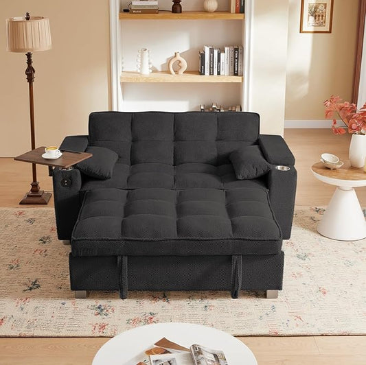 Large Size Convertible Sleeper Sofa Bed,Polka dot Velvet Pull Out Futon Couch with Storage handrails & Rotating Side Tables,Convertible Sofa Couch for Living Room,RV