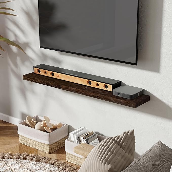 Fun Memories Rustic Elm Wood Floating Shelves for Wall, 48" Floating Shelf Wall Mounted, Long Floating Disply Shelf with Heavy-Duty Bracket for Living Room, Kitchen, Bathroom, Walnut Color, Set of 1