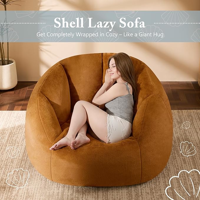 Giant Bean Bag Chaise Lounge Indoor Chair for Adults - Comfy Plush Round Shell Soft Accent Chair, Oversized Cozy Floor Sofa for Living Room, Bedroom & Game Rooms, Orange