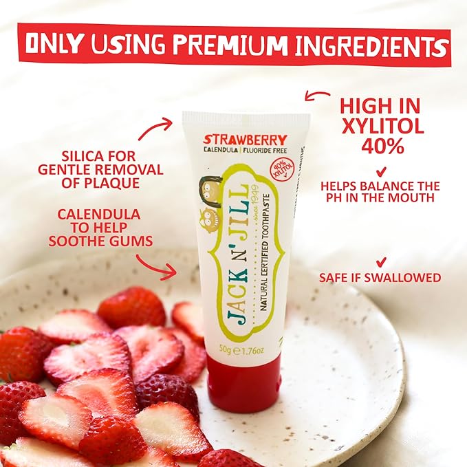 Jack N' Jill Natural Toothpaste for Baby and Infants - Fluoride Free Training Toothpaste, 40% Xylitol, BPA Free - Strawberry, 1.76 oz (Pack of 2)