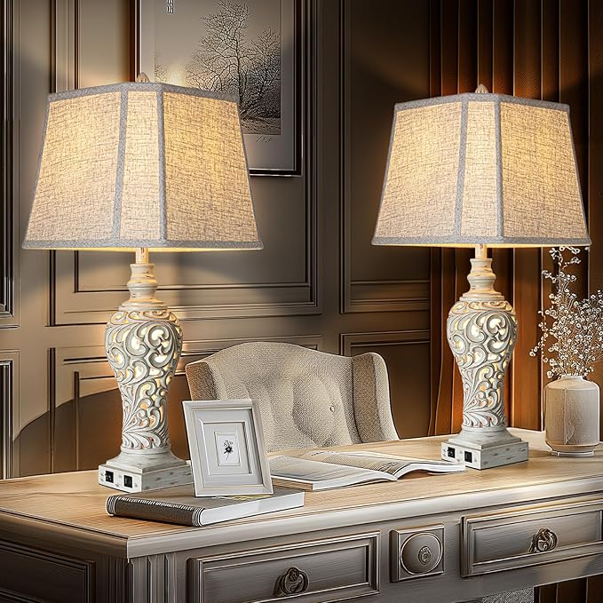 32" Tall Table Lamps Set of 2 - Bedside Lamp with Fabric Shades - for Bedroom and Living Room with USB and Nightlight - Perfect for Nightstands and Bedrooms - Bulbs Included