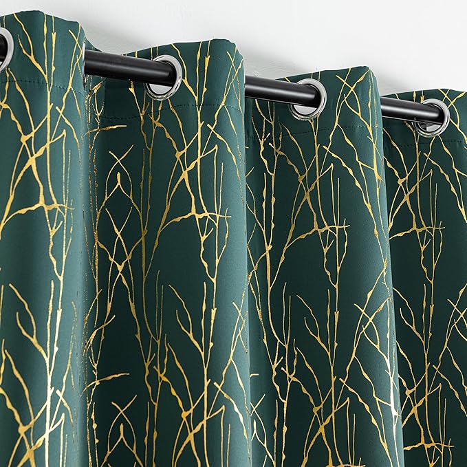Grommets Blackout Long Window Curtains Green Gold-52W*95L 2PCS Drapes for Bedroom