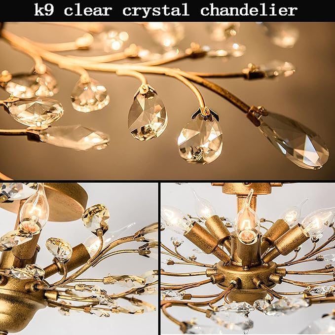 Ganeed Crystal Chandeliers,Vintage K9 Clear LED Ceiling Lighting,Edison Pendant Light Flush Mounted Fixture with 5 Light for Living Room Dinning Room Restaurant Porch Hallway (Gold)