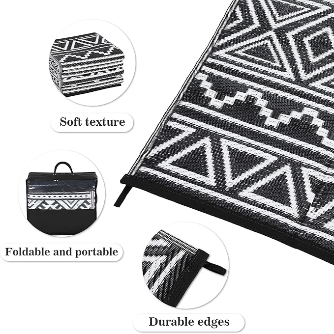 GAOMON Outdoor Rugs Patio Camping Waterproof Rug 6'x9' Plastic Straw Patio Rug Portable for Campers, Outside RVs Mat for Patios Clearance, Backyard Porch, Balcony, Black/White(Bohemia)