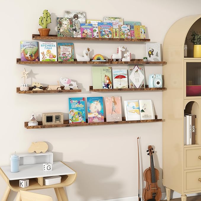 Fun Memories Picture Ledge Shelves Set of 2, 32 Inch Rustic Wall Mounted Floating Shelves with Lip for Home Storage and Décor in Bathroom, Kitchen, Nursery, Bedroom, Living Room, Brown