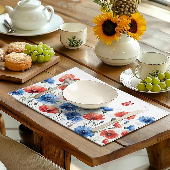 4th of July Floral Placemats Set of 4 Patriotic Summer Red Blue Flowers Linen Fabric Table Mats America Memorial Day Independence Day Place Mats for Party Kitchen Dining Decoration