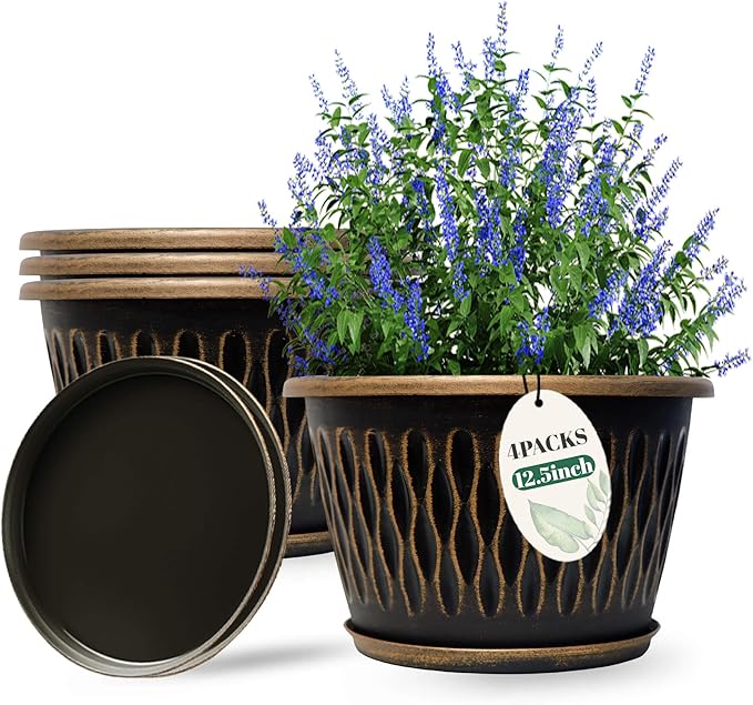 4 Pack 12 Inch Retro Plant Pots, Vintage Striped Flower Pots with Drainage Hole & Saucer, Large Plastic Planters for Indoor and Outdoor Plants, Decorative Garden Pots(Gold)