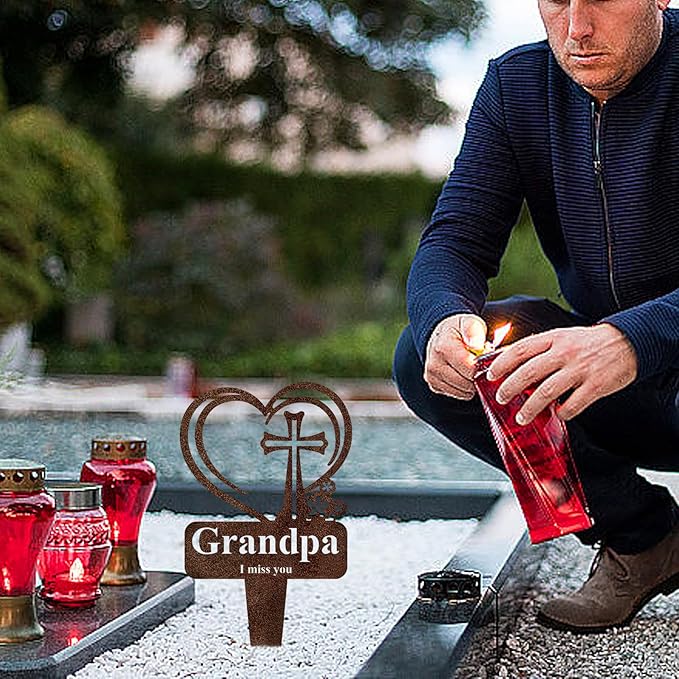 Grandpa Memorial Grave Stake, Cemetery Decorations for Grave Markers 12.5 x 7.2 inch Heart Metal Sympathy Stakes Graveside Plaque Decor Sign for Grandpa Graves, Yard, Garden - Rust-Grandpa