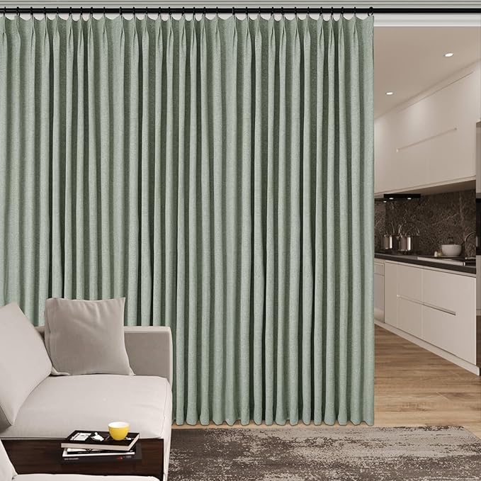 100% Blackout Linen Textured Drapes for Bedroom Pinch Pleated Curtains for Track System Portable Drapery for Sliding Glass Door/Storage/Space Room Divider, 70" Wx84 L, 1 PC, Fog Green