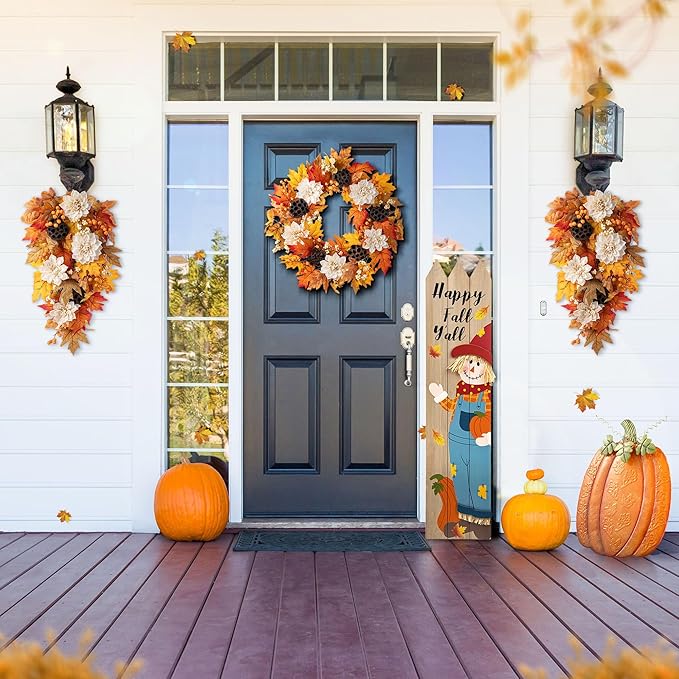Glitzhome 24" D Fall Sorghum Wreath with Metal Hanger, Harvest Wreath for Front Door, Fall Door Wreaths for Indoor Outdoor Thanksgiving Harvest Holiday Decorations