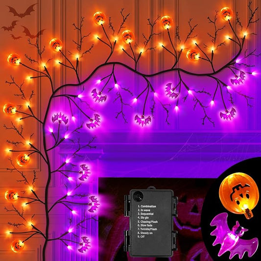 7 Ft 63 LED Halloween Willow Vine Twig Garland with 8 Modes Timer Orange Purple 21 Pumpkin Bats Lights,Halloween Garland with Waterproof Battery Operated for Indoor Wall Fireplace Decorations