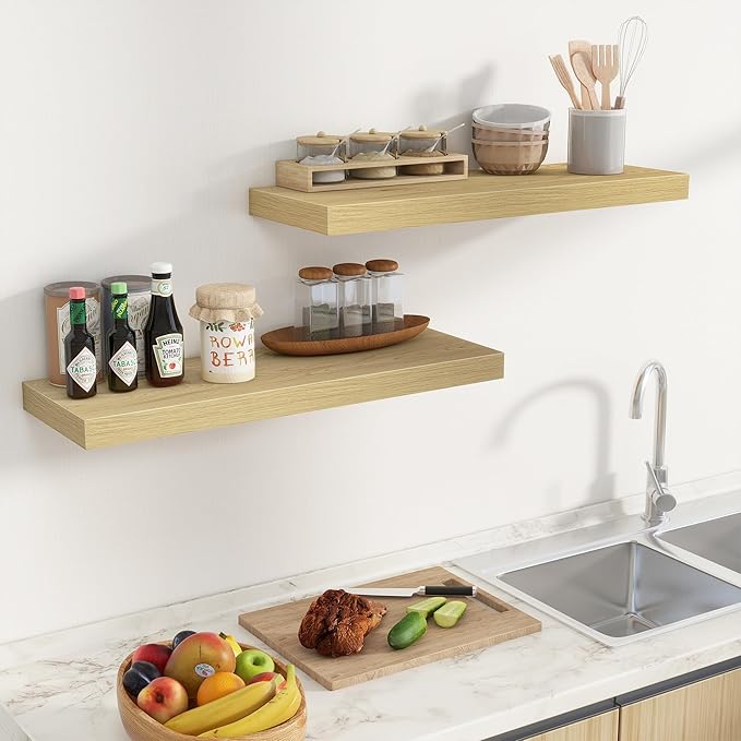 Fun Memories 32 x 10 Floating Shelves Wall-Mounted - Rustic Wood Shelf - 10 Inch Deep Floating Shelves for Wall - Large Storage Shelf for Bathroom - Kitchen & Bedroom - Oak - Set of 2