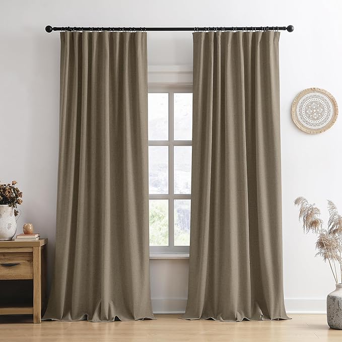 70 Inch Wide Blackout Curtains 2 Panels Set,Back Tab Pleated Curtains Hidden Tab with Hooks,Energy Efficinet Linen Blend Patio Drapes for Dining Room Sliding Glass Door 70x96 Length Linen Brown