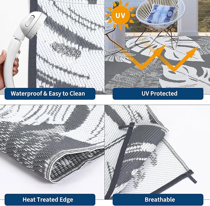 GAOMON Waterproof Outdoor Rug 8x10 Reversible Outdoor Plastic Straw Rug Modern Patio Carpet, Foldable Lightweight RV Camping Mat with Portable Bag & 4 Stakes, UV Resistant & Sturdy for Picnic, Grey