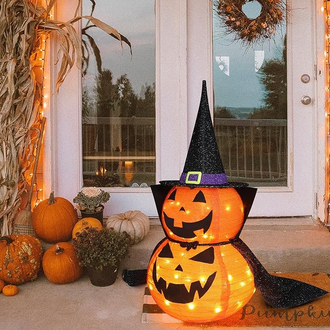 3FT Halloween Collapsible Pumpkin Decoration, 50 LED Pop-Up Pumpkin Lamp with Star Cap, Plug in Halloween Jack-O-Lantern with Metal Stand for Indoor Outdoor Garden Patio Party Decor