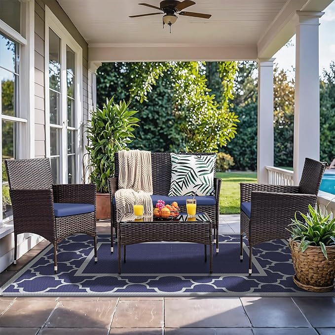 GENIMO 4 ' x 6 ' Outdoor Rug for Patio Clearance, Waterproof Indoor Outdoor Plastic Straw Rugs Carpet, Reversible Outside Area Rv Mat for Camping, Balcony Porch, Deck, Picnic, Beach (Blue & Gray)