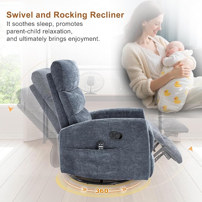 Manual Swivel Rocker Recliner Chair for Adults, Overstuffed Reclining Glider Chair for Nursing with Vibration Massage & Heat, Living Room Rocking Recliner 3-Stage backrest, Chenille Fabric Blue